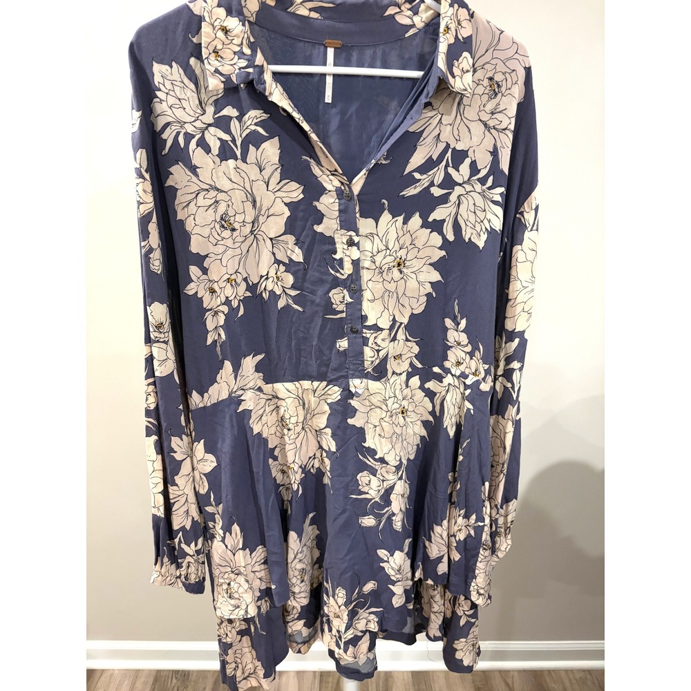 Free People Boho Blue Floral Long Sleeve Button Front Tunic Mini Dress
